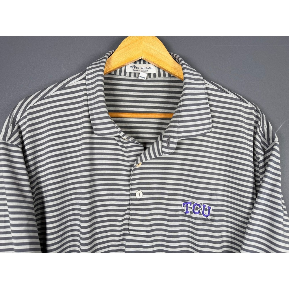 Peter Millar TCU Horned Frogs Polo Shirt Mens Large Grey Striped Summer Comfort